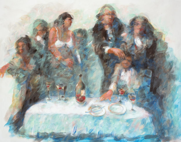17003, Am Tisch, 2017, Emulsion auf Nessel, 125 x 150 cm