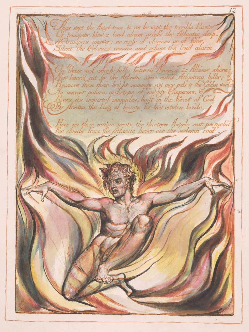 William Blake (1757–1827) Amerika, eine Prophezeiung (America a Prophecy), Tafel 12, Orc erhebt sich (Plate 12, Orc rises), 1793–1821 Reliefradierung, farbig gedruckt, Handkolorierung, mit Gold gehöht, 304 x 231 mm The Fitzwilliam Museum, Cambridge © The Fitzwilliam Museum, University of Cambridge