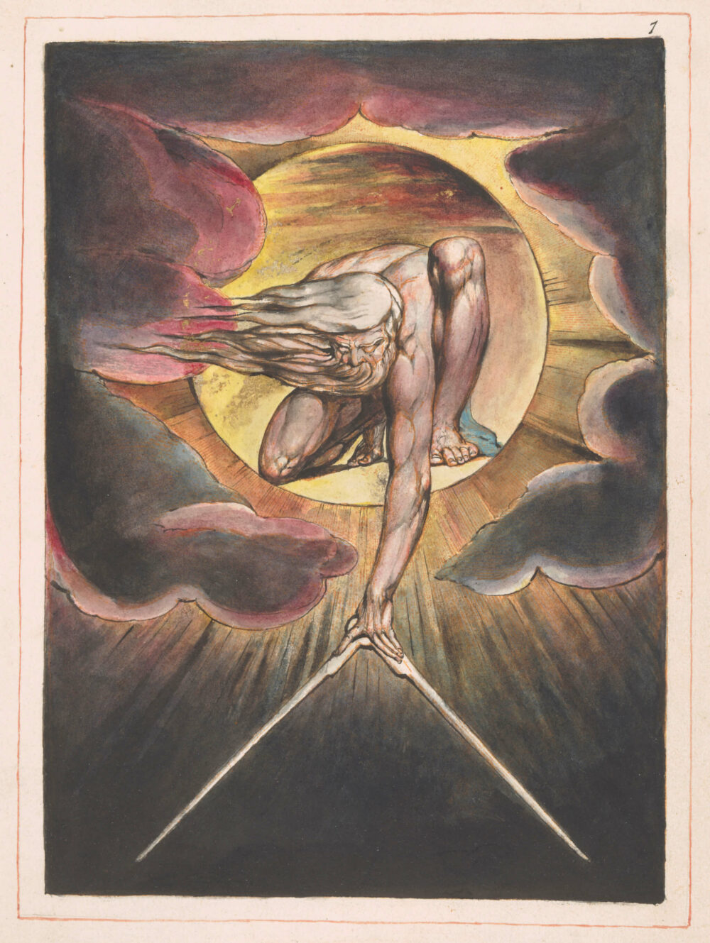 William Blake (1757–1827) Europa, eine Prophezeiung, Frontispiz – Urizen (Europe a Prophecy, frontispice – Urizen), 1794 Relief- und Weißlinienradierung, koloriert, 30,3 x 23,1 cm The Fitzwilliam Museum, Cambridge © The Fitzwilliam Museum, University of Cambridge