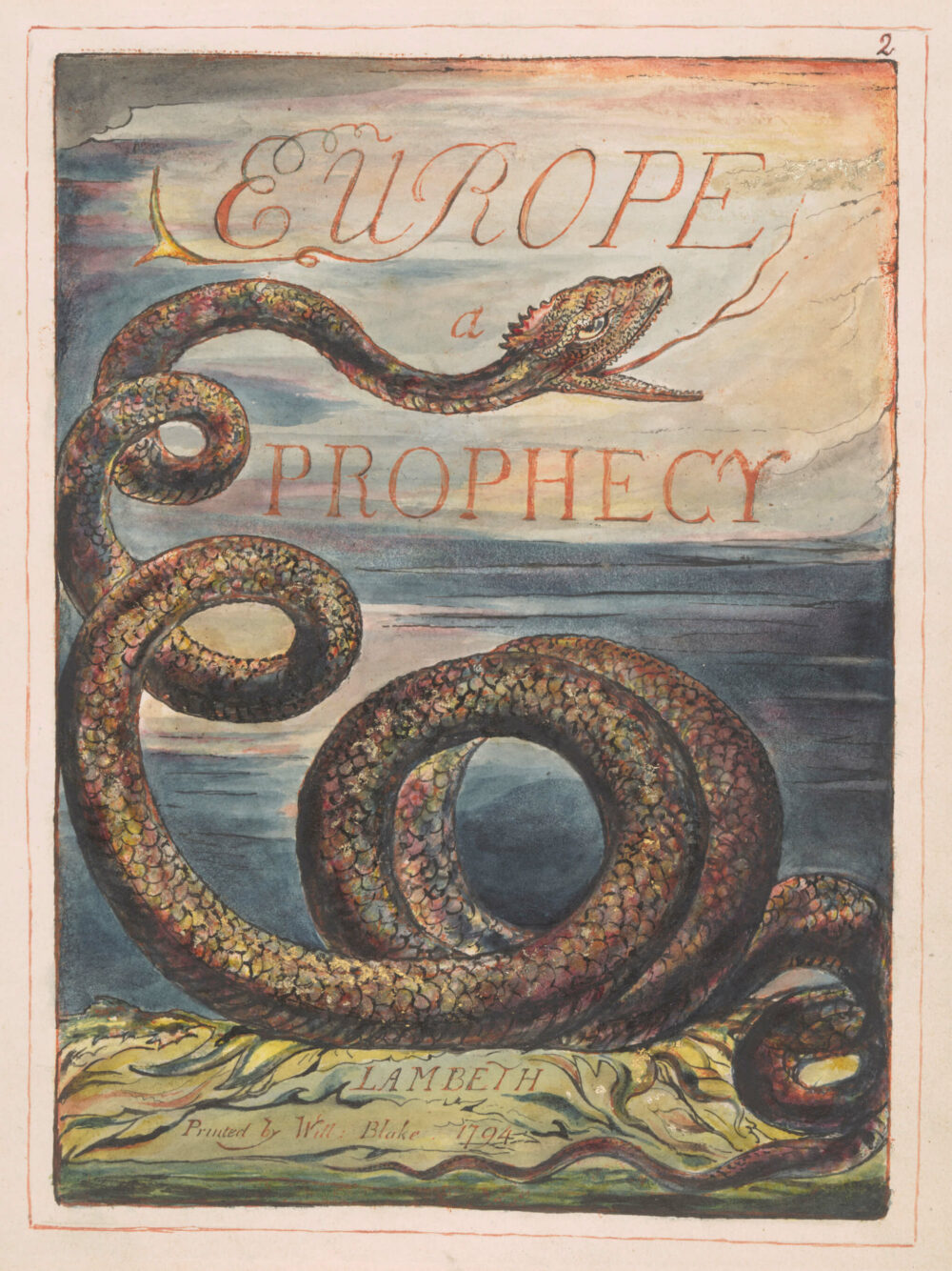 William Blake (1757–1827) Europa, eine Prophezeiung, Titelseite (Europe a Prophecy, title page), 1794 Relief- und Weißlinienradierung, koloriert, 30,3 x 23,1 cm The Fitzwilliam Museum, Cambridge © The Fitzwilliam Museum, University of Cambridge